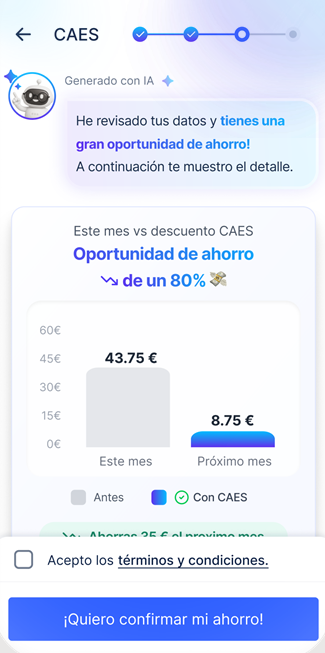 App móvil: el cliente ve su ahorro y lo confirma